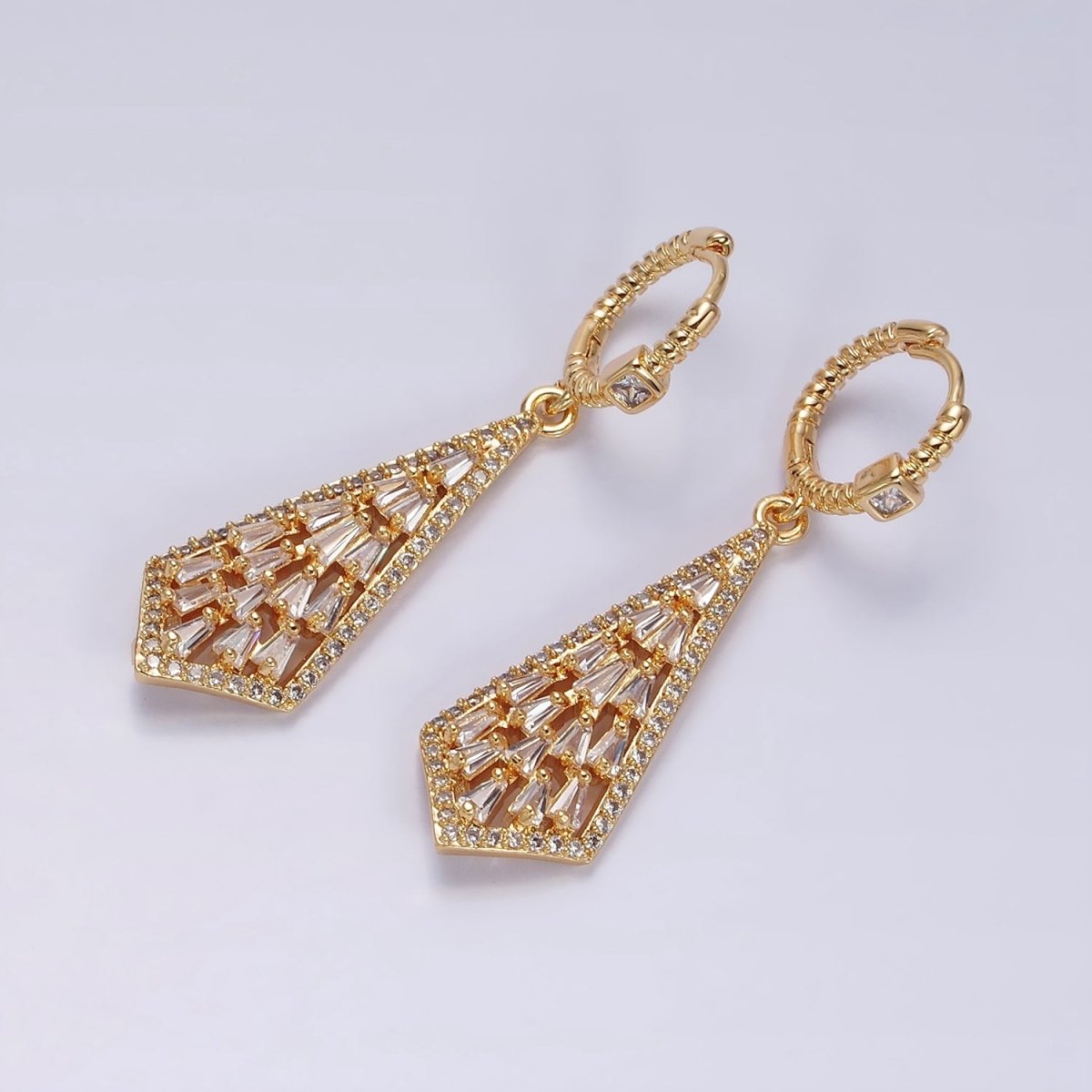 16K Gold Filled Clear Baguette Geometric Drop Twisted Square CZ Huggie Earrings in Gold & Silver | AD1183 AD1184
