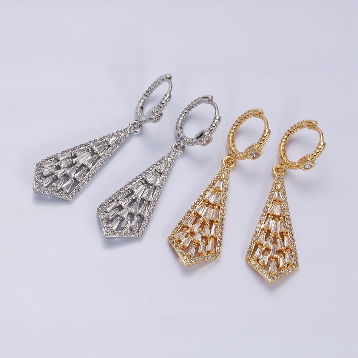 16K Gold Filled Clear Baguette Geometric Drop Twisted Square CZ Huggie Earrings in Gold & Silver | AD1183 AD1184