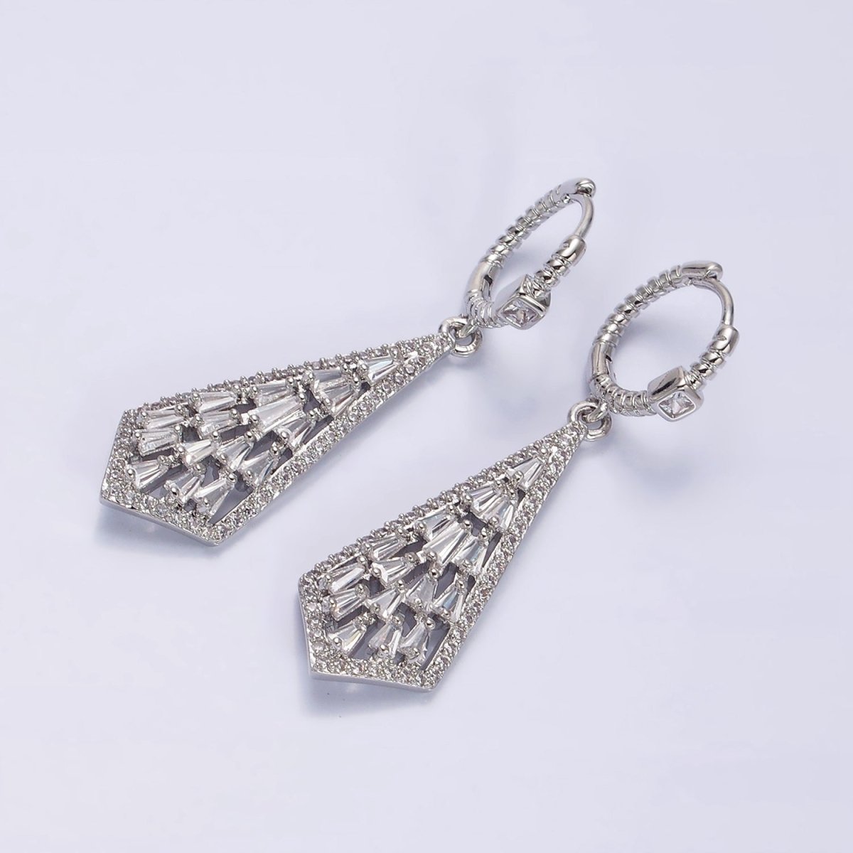 16K Gold Filled Clear Baguette Geometric Drop Twisted Square CZ Huggie Earrings in Gold & Silver | AD1183 AD1184