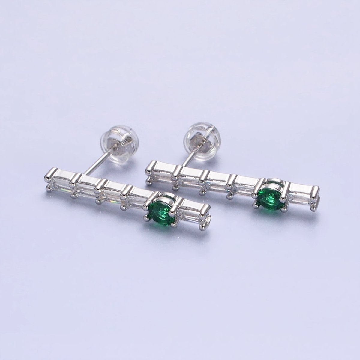 16K Gold Filled Clear Baguette Green Round CZ Linear Drop Stud Earrings in Gold & Silver | AB888 AB889