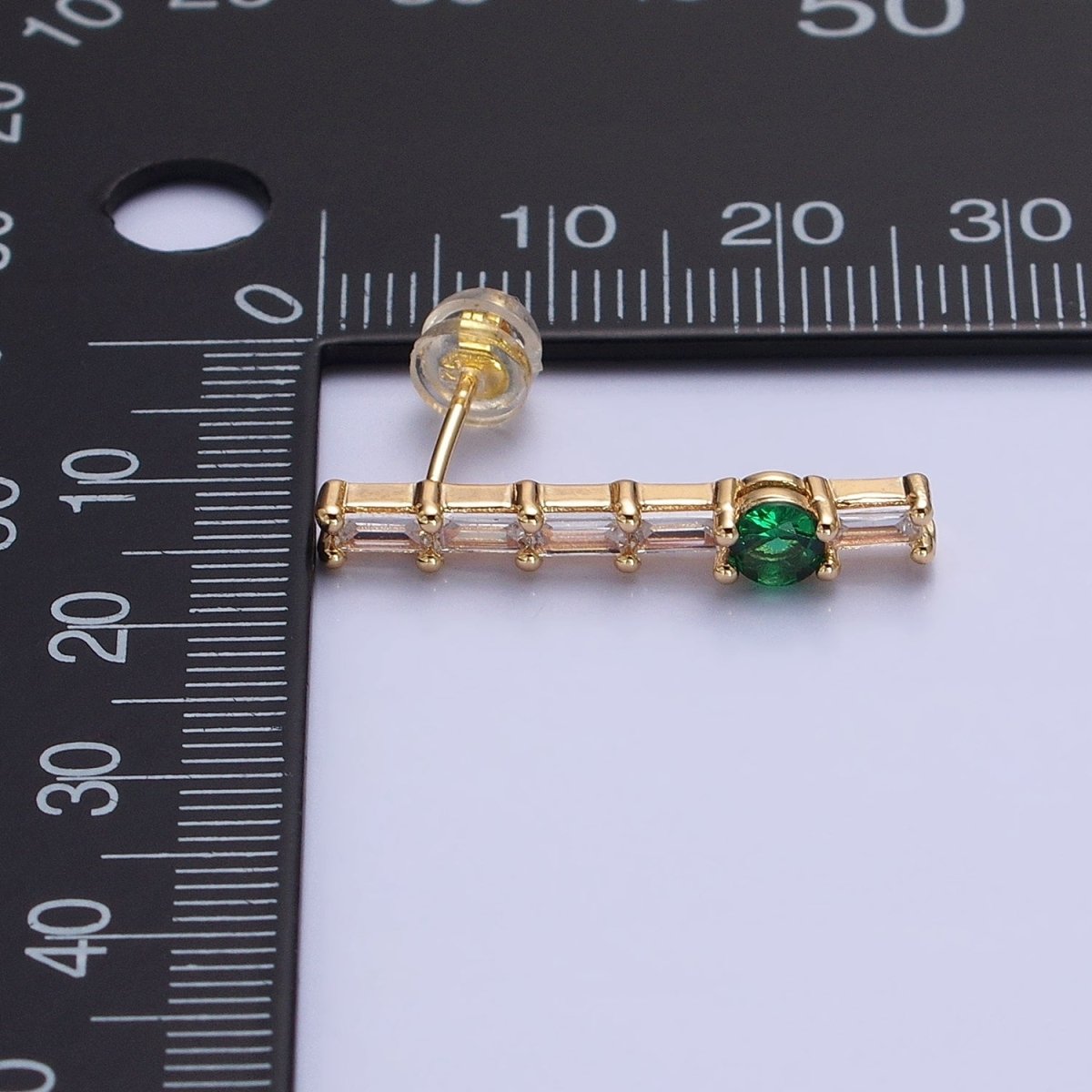 16K Gold Filled Clear Baguette Green Round CZ Linear Drop Stud Earrings in Gold & Silver | AB888 AB889