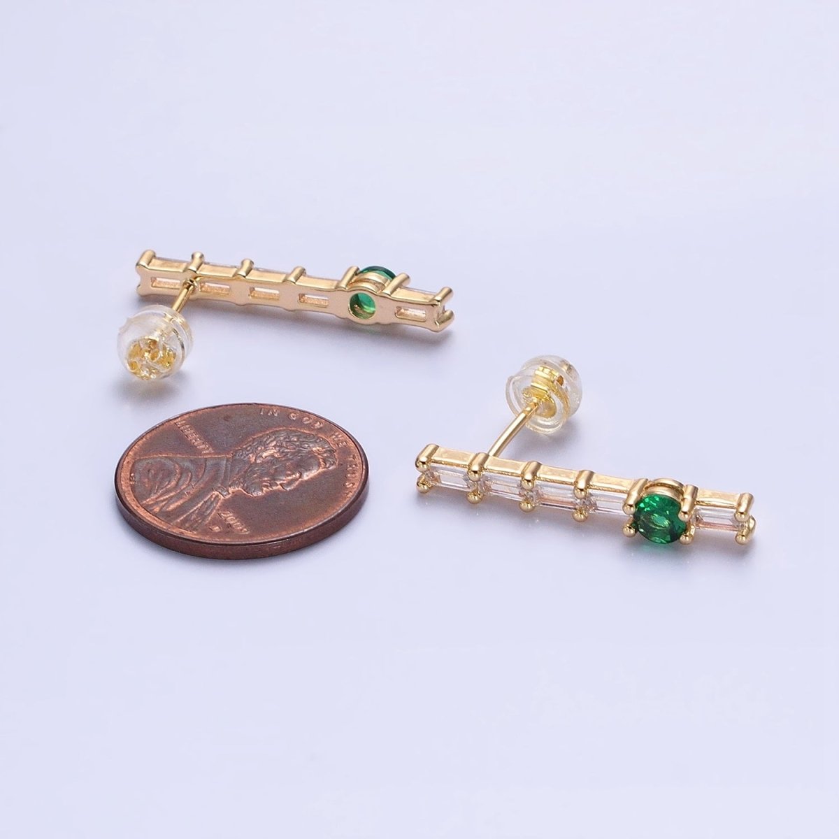 16K Gold Filled Clear Baguette Green Round CZ Linear Drop Stud Earrings in Gold & Silver | AB888 AB889