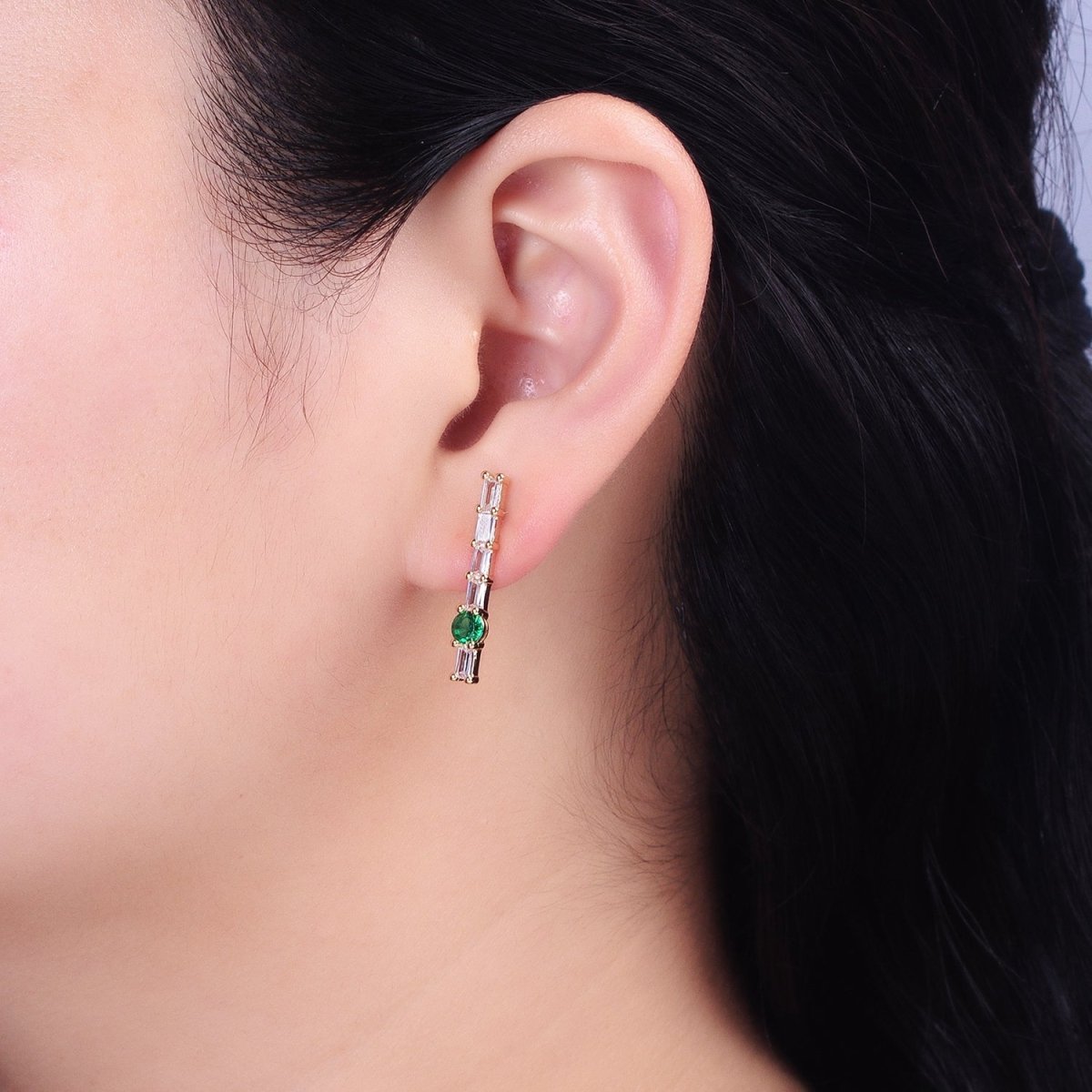16K Gold Filled Clear Baguette Green Round CZ Linear Drop Stud Earrings in Gold & Silver | AB888 AB889
