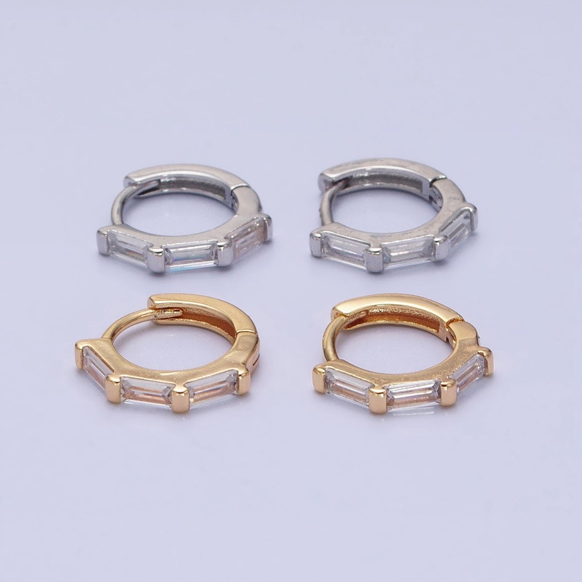 16K Gold Filled Clear Baguette Lined 12mm Cartilage Huggie Earrings in Gold & Silver | AD925 AD926