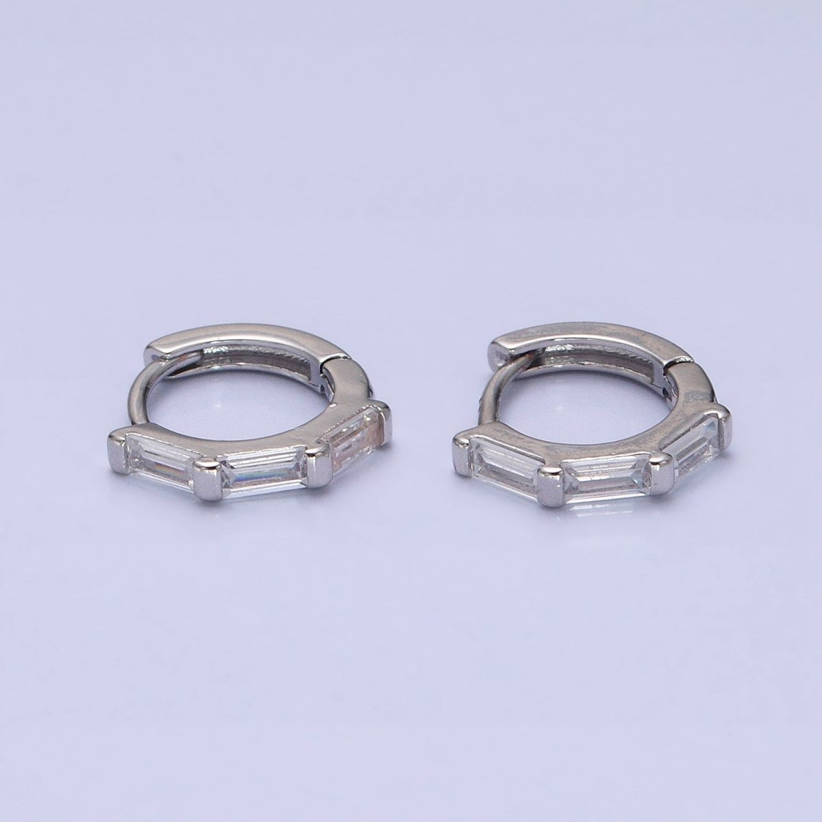 16K Gold Filled Clear Baguette Lined 12mm Cartilage Huggie Earrings in Gold & Silver | AD925 AD926