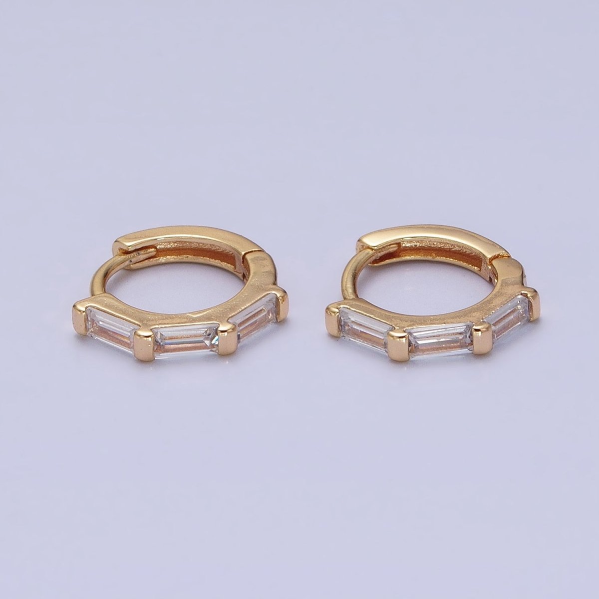 16K Gold Filled Clear Baguette Lined 12mm Cartilage Huggie Earrings in Gold & Silver | AD925 AD926