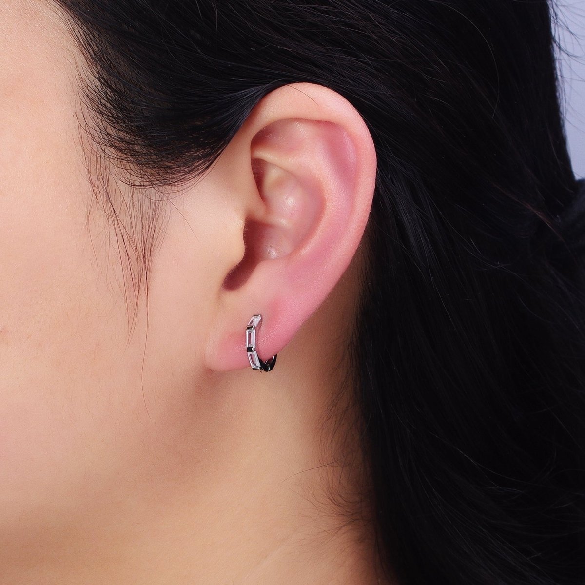 16K Gold Filled Clear Baguette Lined 12mm Cartilage Huggie Earrings in Gold & Silver | AD925 AD926