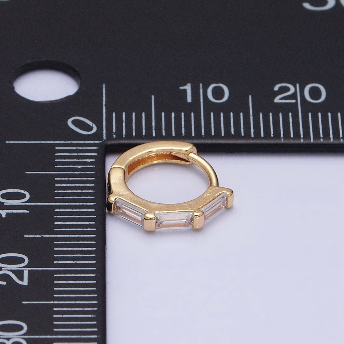 16K Gold Filled Clear Baguette Lined 12mm Cartilage Huggie Earrings in Gold & Silver | AD925 AD926