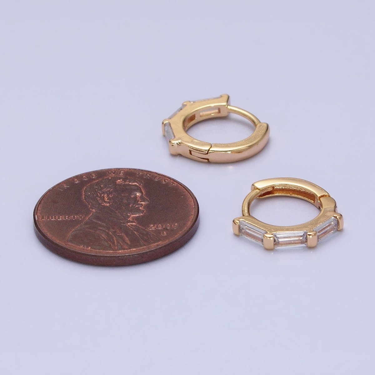 16K Gold Filled Clear Baguette Lined 12mm Cartilage Huggie Earrings in Gold & Silver | AD925 AD926