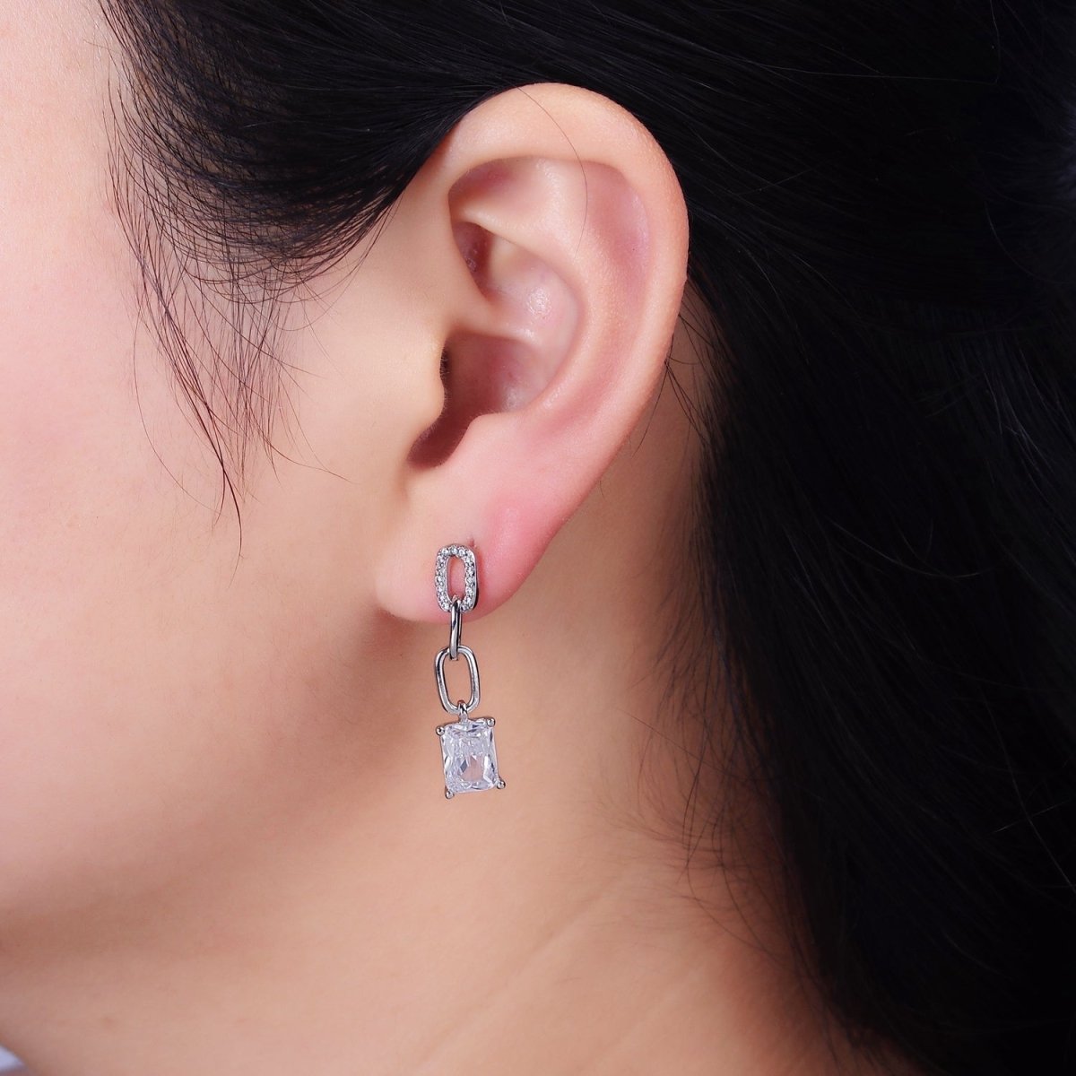 16K Gold Filled Clear Baguette Micro Paved CZ Cable Paperclip Link Drop Stud Earrings in Gold & Silver | AD-413 AD-414
