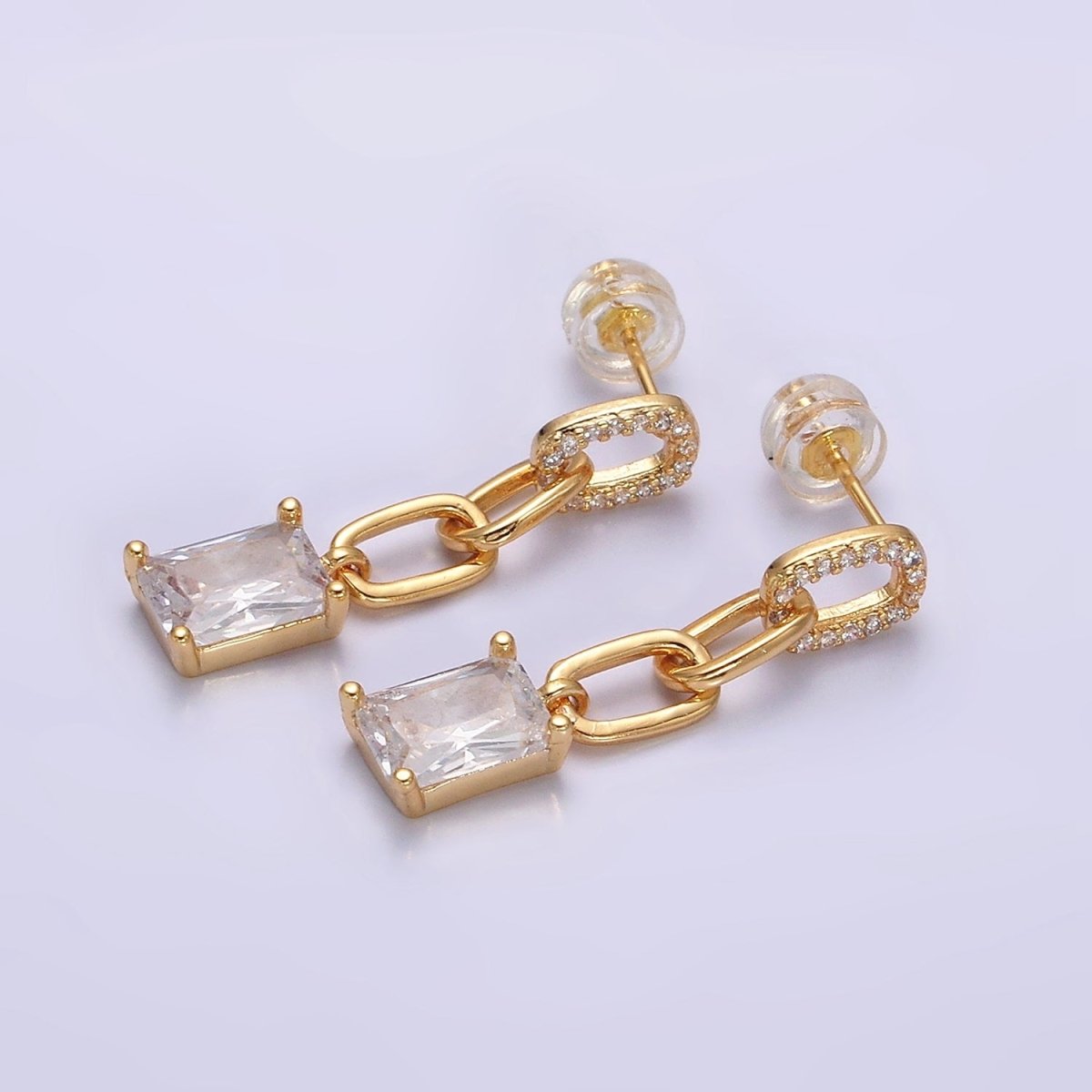 16K Gold Filled Clear Baguette Micro Paved CZ Cable Paperclip Link Drop Stud Earrings in Gold & Silver | AD-413 AD-414