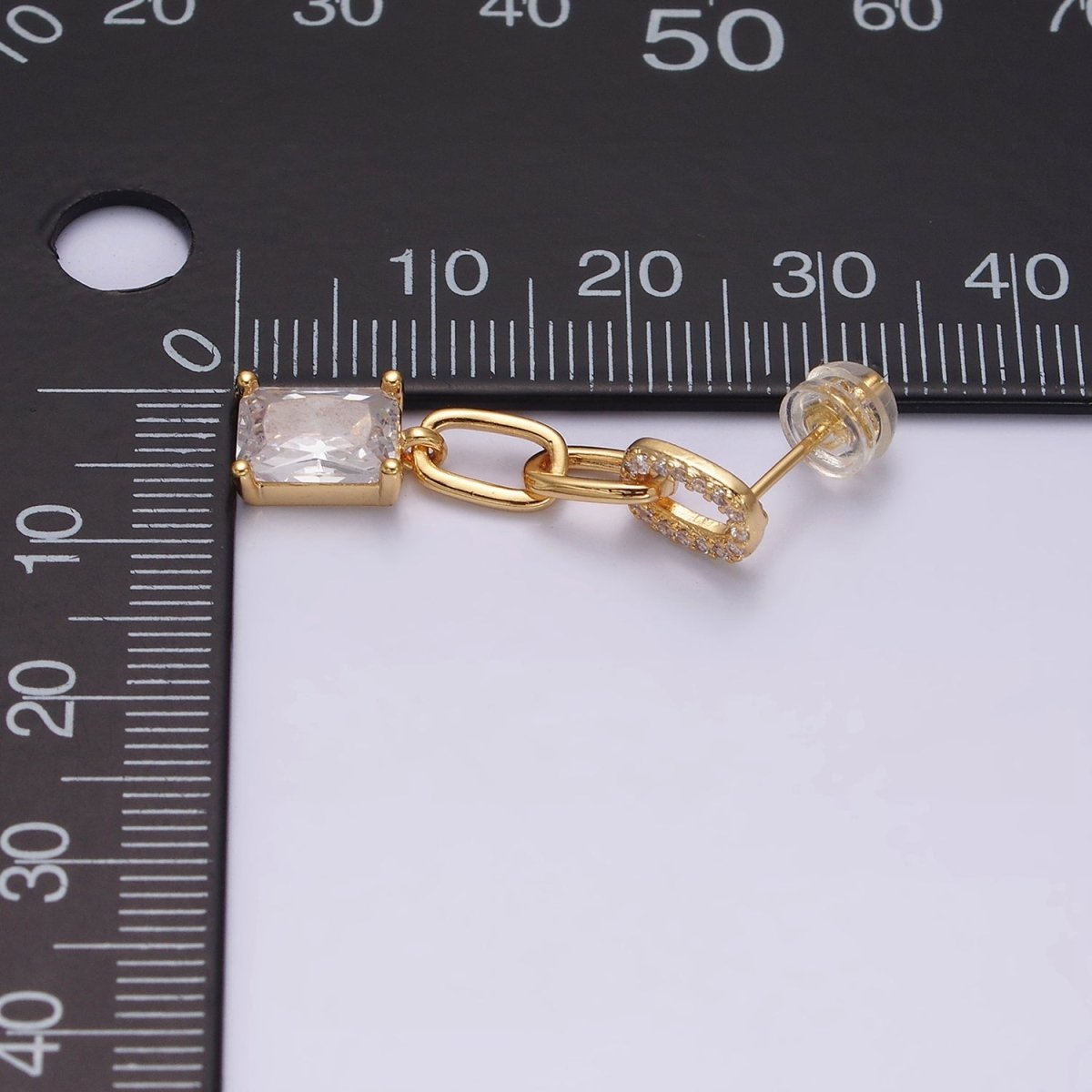 16K Gold Filled Clear Baguette Micro Paved CZ Cable Paperclip Link Drop Stud Earrings in Gold & Silver | AD-413 AD-414
