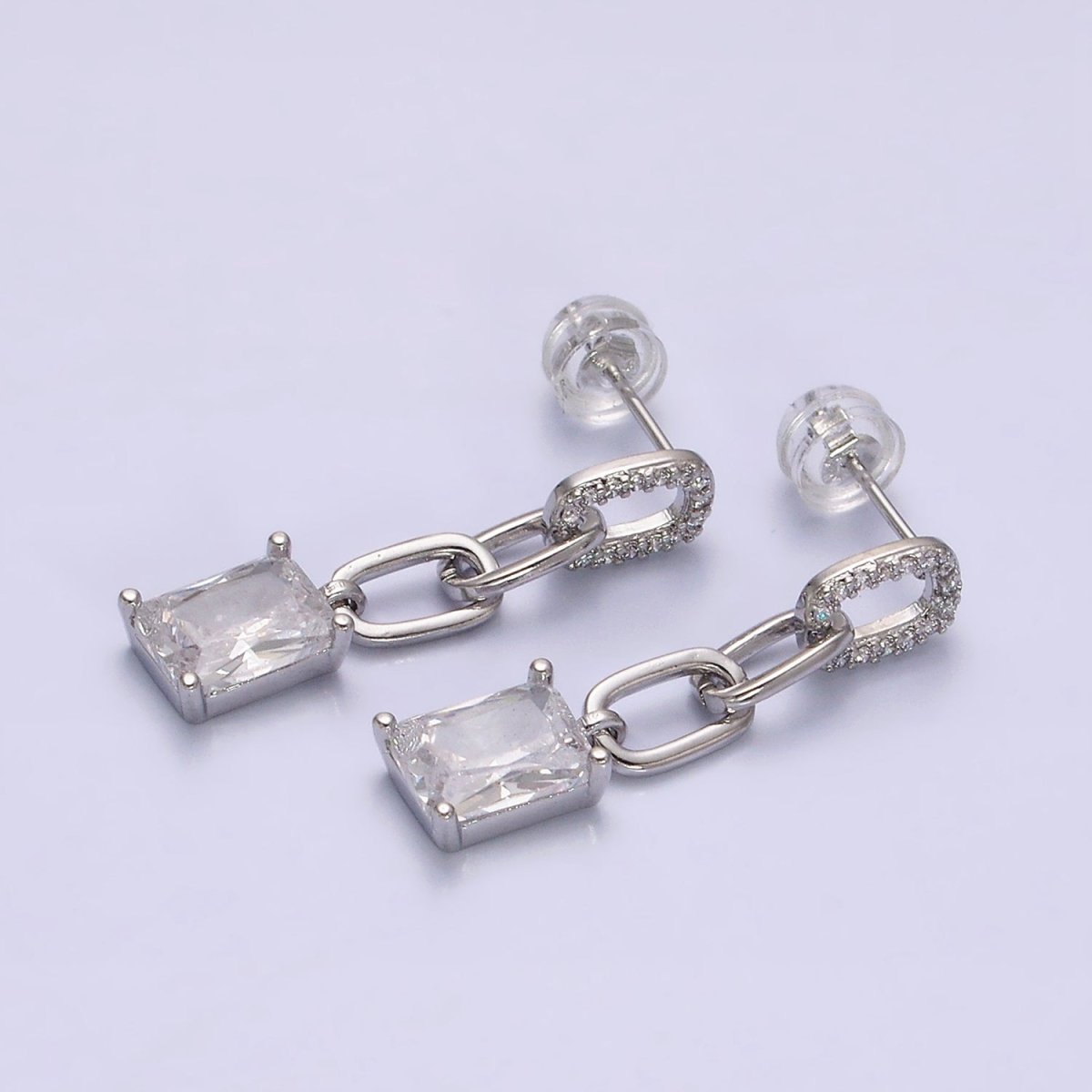 16K Gold Filled Clear Baguette Micro Paved CZ Cable Paperclip Link Drop Stud Earrings in Gold & Silver | AD-413 AD-414