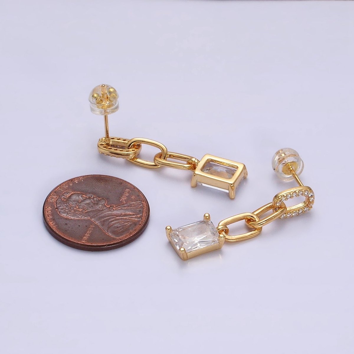 16K Gold Filled Clear Baguette Micro Paved CZ Cable Paperclip Link Drop Stud Earrings in Gold & Silver | AD-413 AD-414