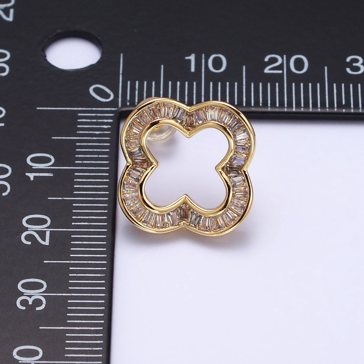 16K Gold Filled Clear Baguette Open Quatrefoil Clover Stud Earrings in Gold & Silver | AB358 AB359