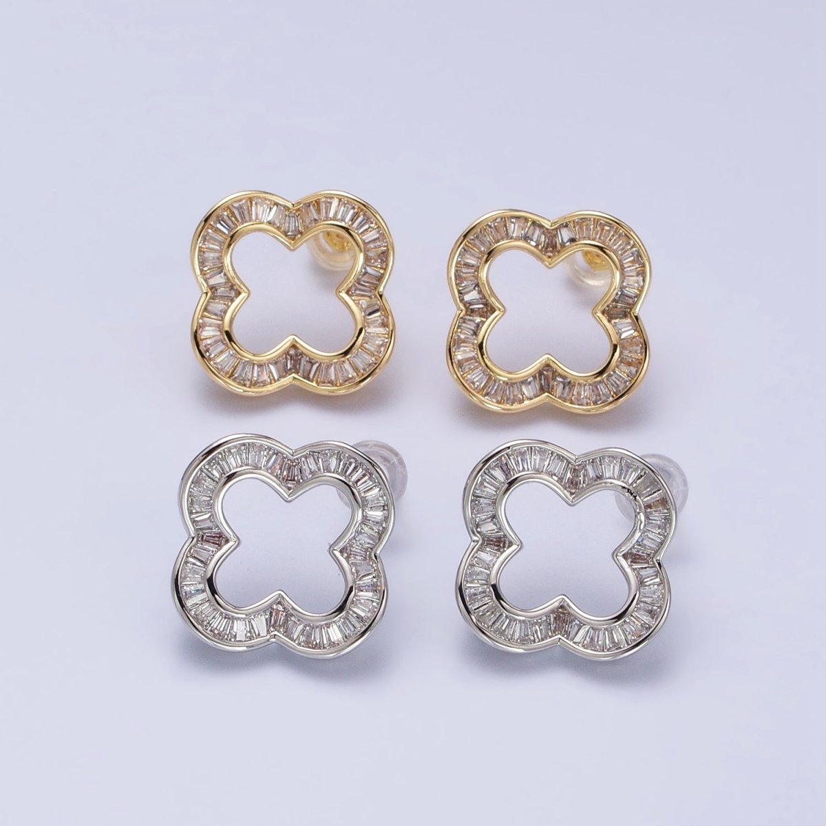16K Gold Filled Clear Baguette Open Quatrefoil Clover Stud Earrings in Gold & Silver | AB358 AB359