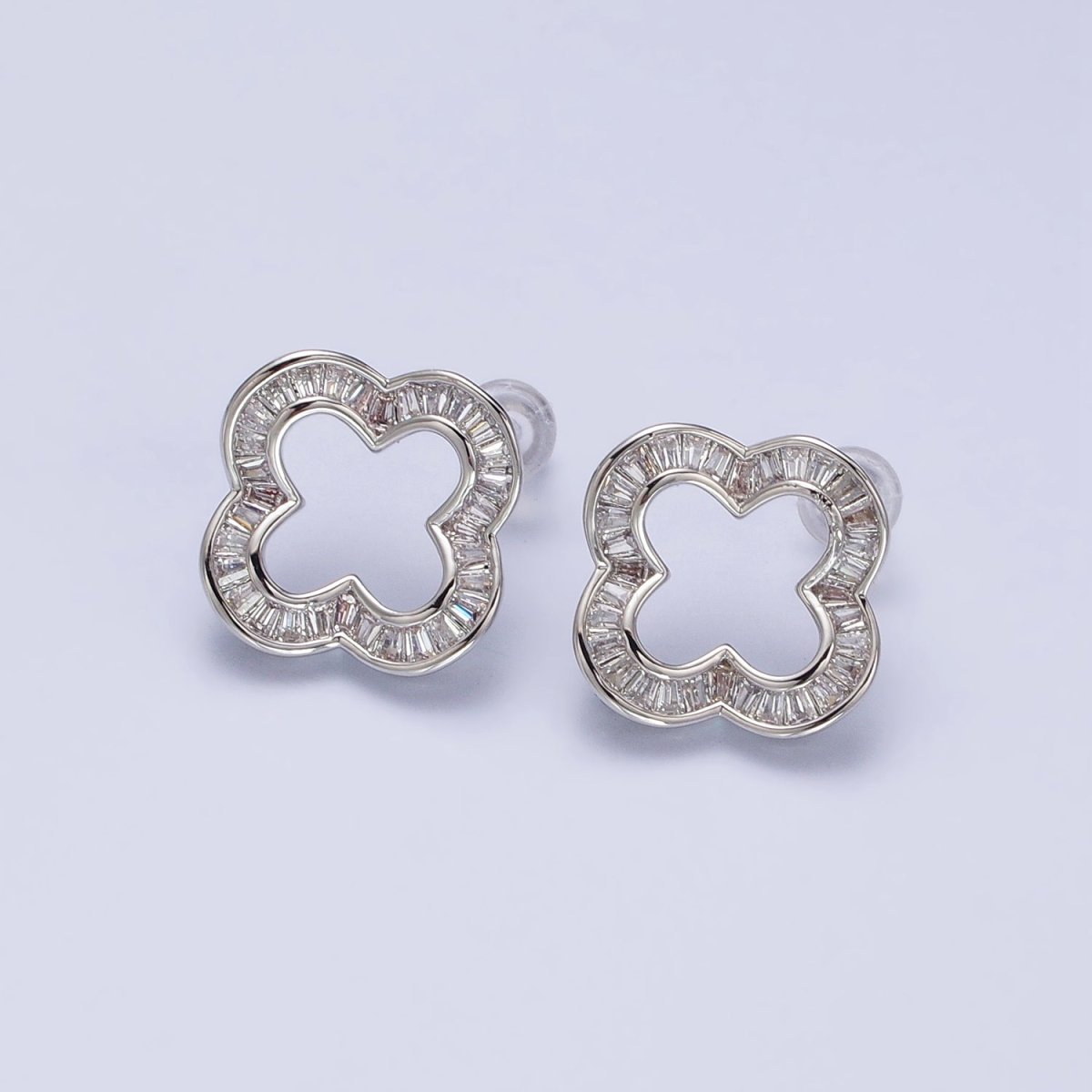 16K Gold Filled Clear Baguette Open Quatrefoil Clover Stud Earrings in Gold & Silver | AB358 AB359