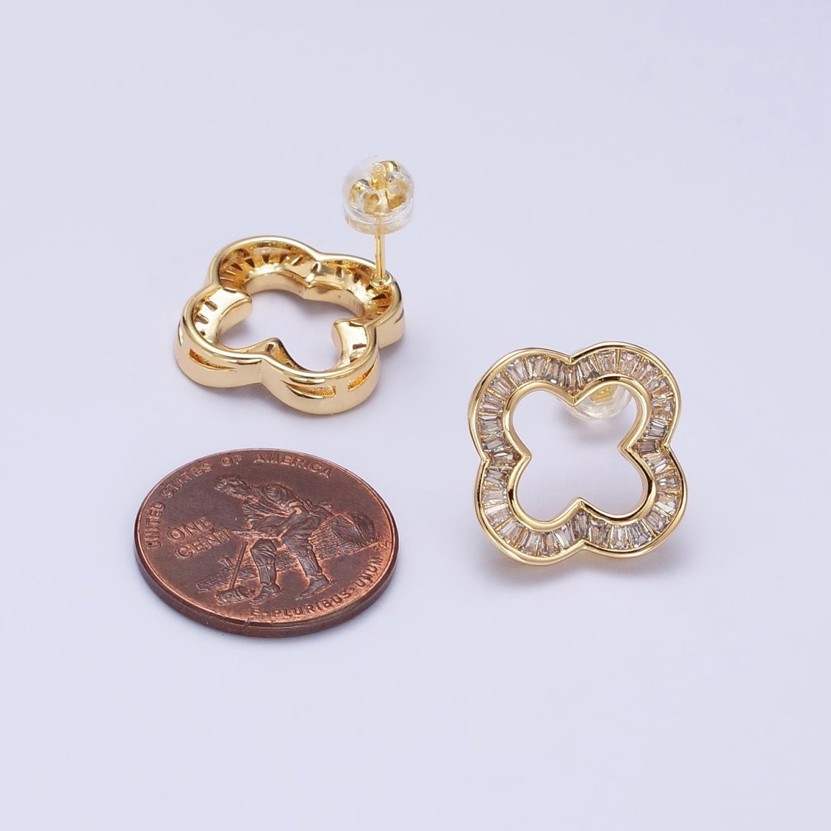 16K Gold Filled Clear Baguette Open Quatrefoil Clover Stud Earrings in Gold & Silver | AB358 AB359