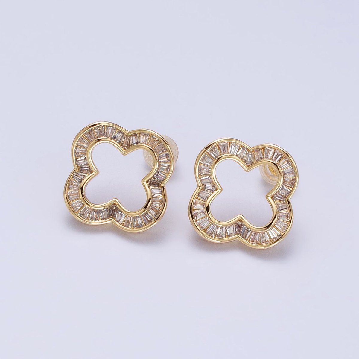 16K Gold Filled Clear Baguette Open Quatrefoil Clover Stud Earrings in Gold & Silver | AB358 AB359