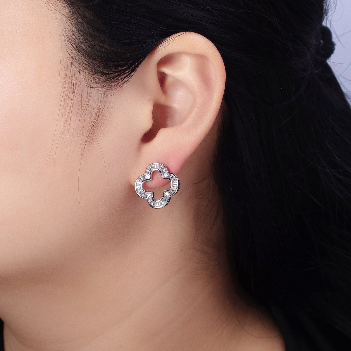 16K Gold Filled Clear Baguette Open Quatrefoil Clover Stud Earrings in Gold & Silver | AB358 AB359