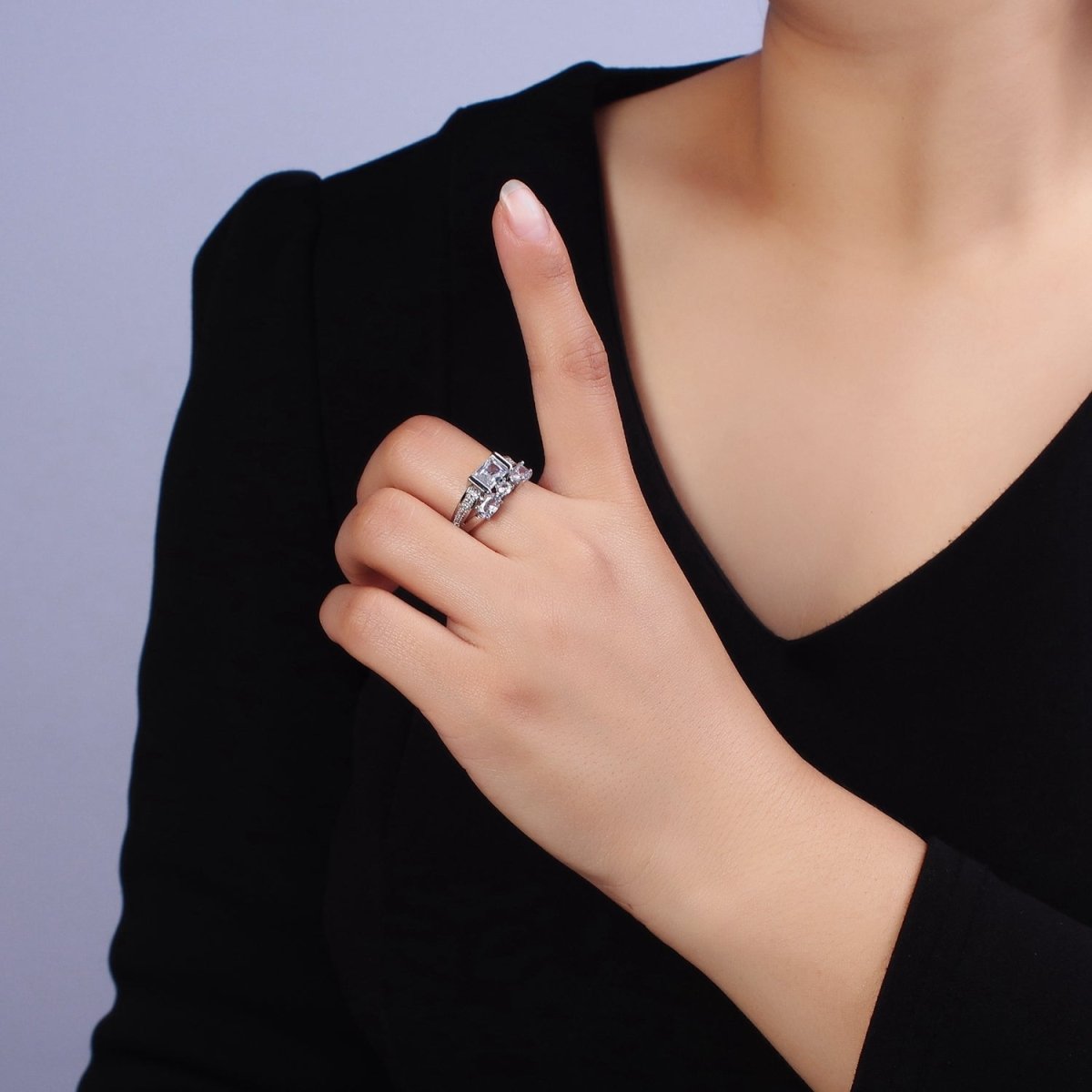 16K Gold Filled Clear Baguette Oval Micro Paved Double Band Ring in Gold & Silver | O-1611 O-1612