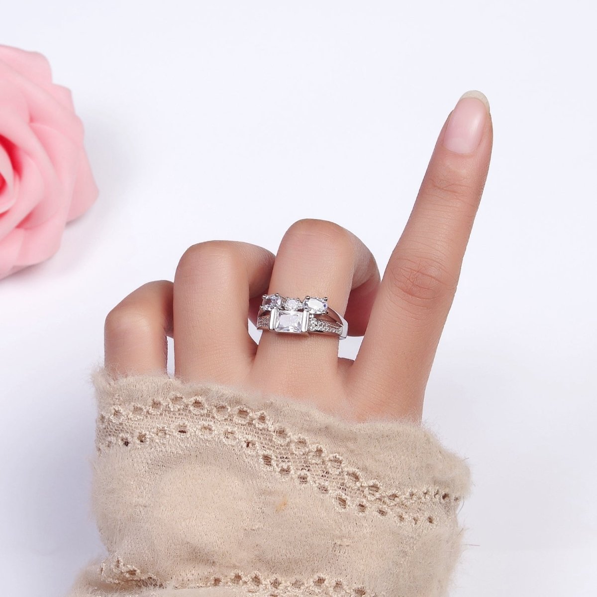 16K Gold Filled Clear Baguette Oval Micro Paved Double Band Ring in Gold & Silver | O-1611 O-1612