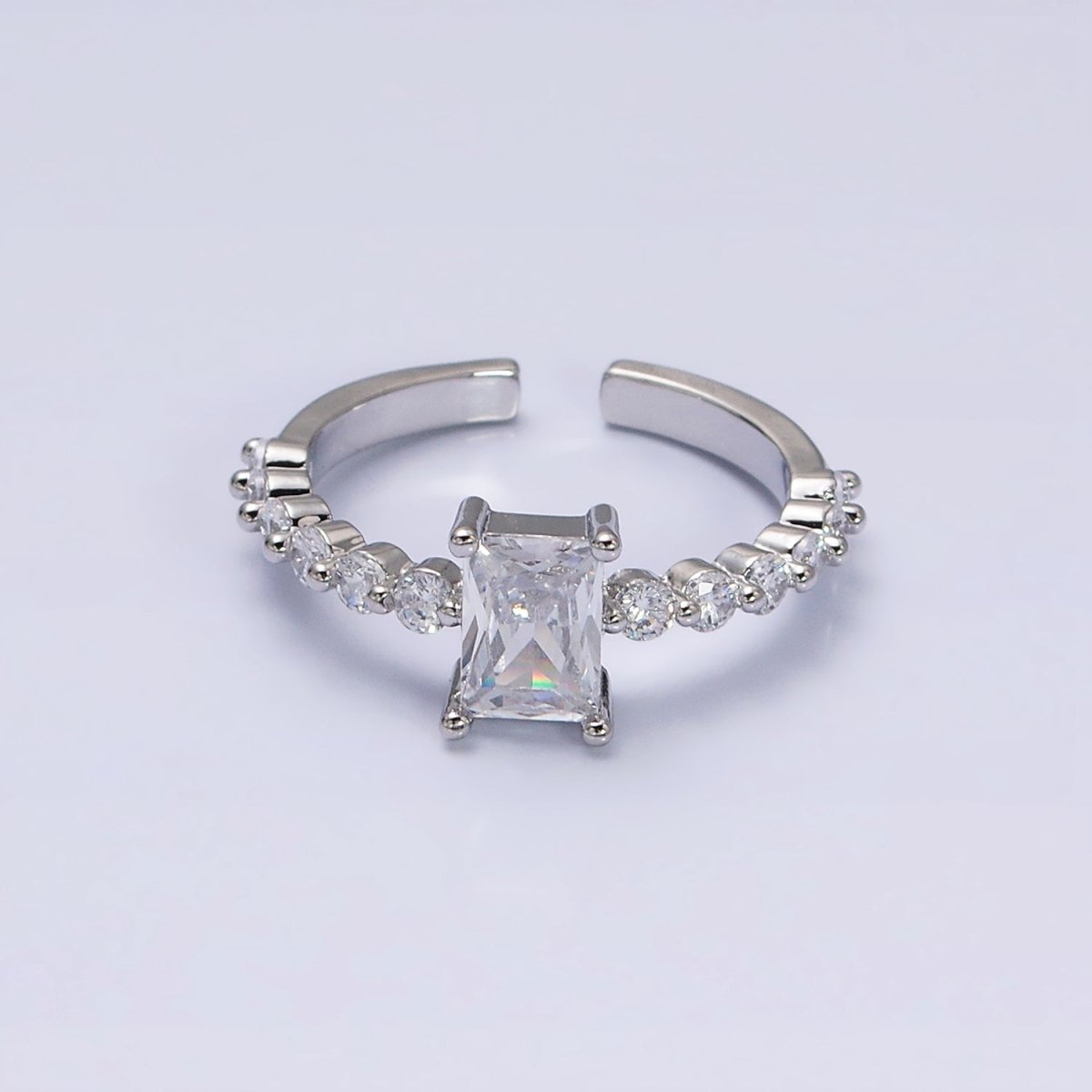 OS 16K Gold Filled Clear Baguette Solitaire Round CZ Lined Adjustable Ring in Gold & Silver | O-1599 O-1600