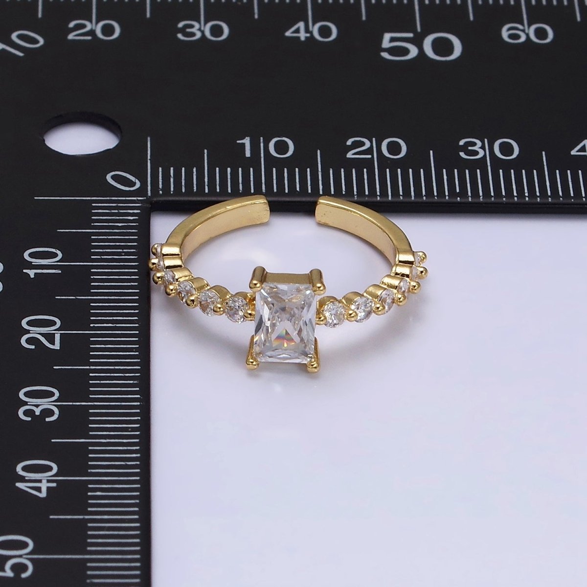 OS 16K Gold Filled Clear Baguette Solitaire Round CZ Lined Adjustable Ring in Gold & Silver | O-1599 O-1600