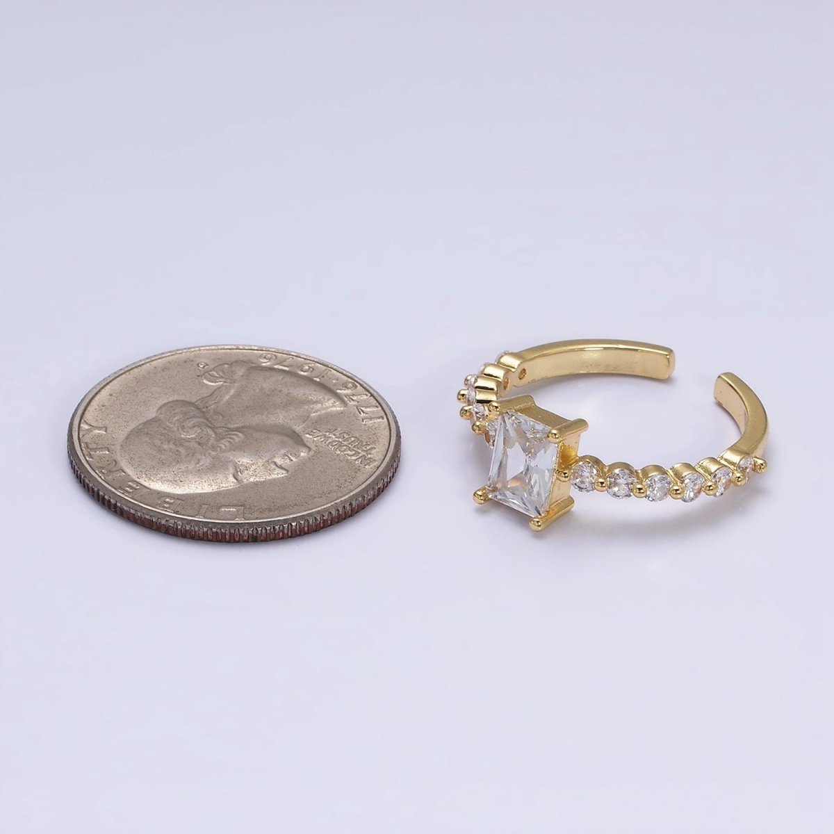 OS 16K Gold Filled Clear Baguette Solitaire Round CZ Lined Adjustable Ring in Gold & Silver | O-1599 O-1600