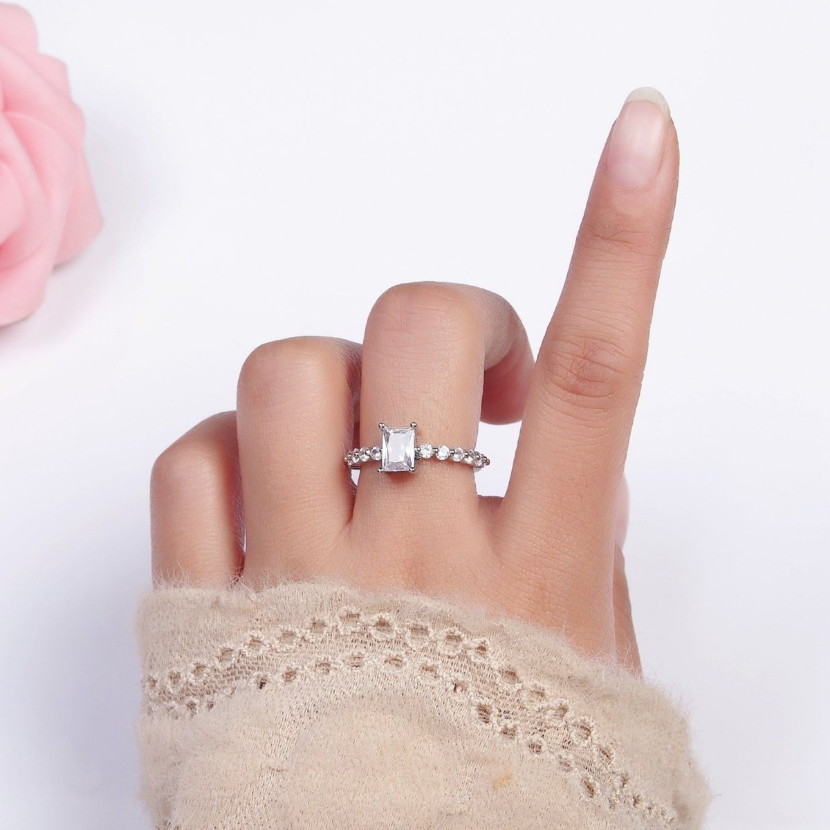 OS 16K Gold Filled Clear Baguette Solitaire Round CZ Lined Adjustable Ring in Gold & Silver | O-1599 O-1600