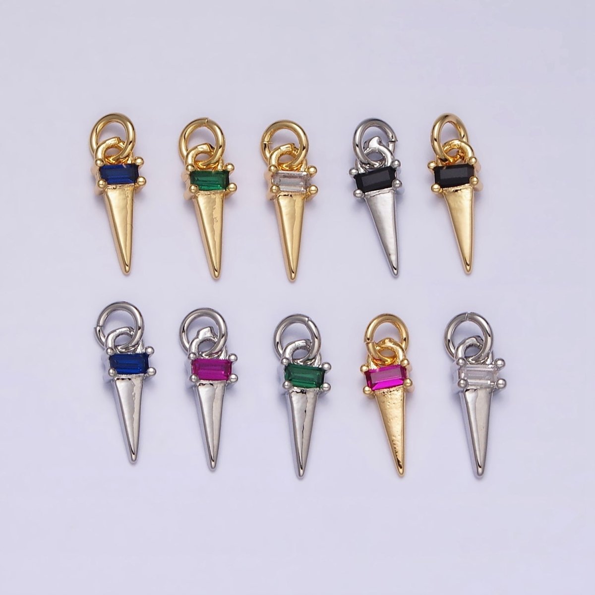 16K Gold Filled Clear, Blue, Fuchsia, Green, Black Baguette CZ Triangle Charm in Gold & Silver | AC1307 - AC1316