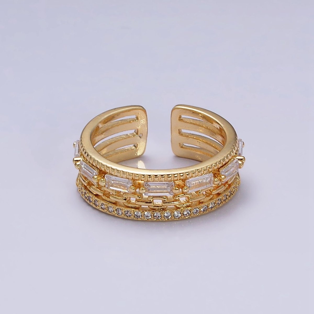 16K Gold Filled Clear CZ Baguette Cable Link Micro Paved Multiple Band Ring in Gold & Silver | O-1595 O-1596