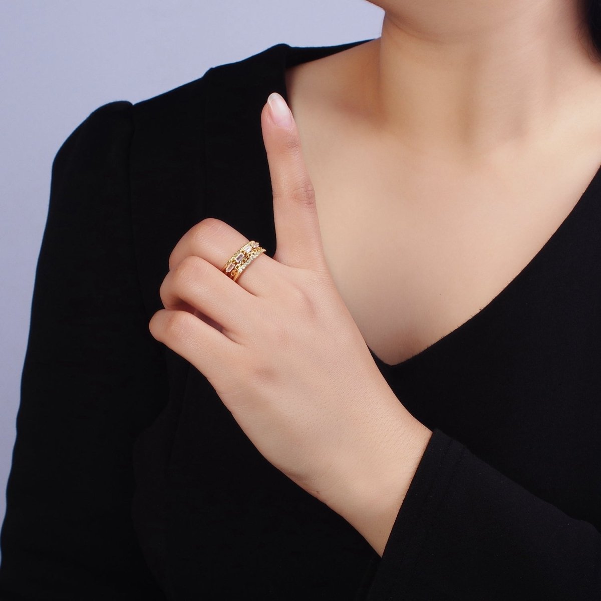 16K Gold Filled Clear CZ Baguette Cable Link Micro Paved Multiple Band Ring in Gold & Silver | O-1595 O-1596