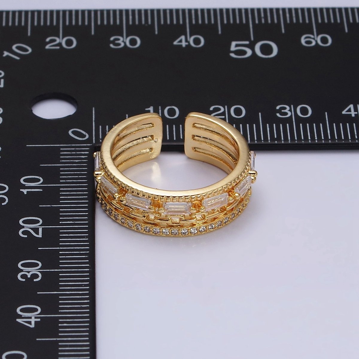 16K Gold Filled Clear CZ Baguette Cable Link Micro Paved Multiple Band Ring in Gold & Silver | O-1595 O-1596