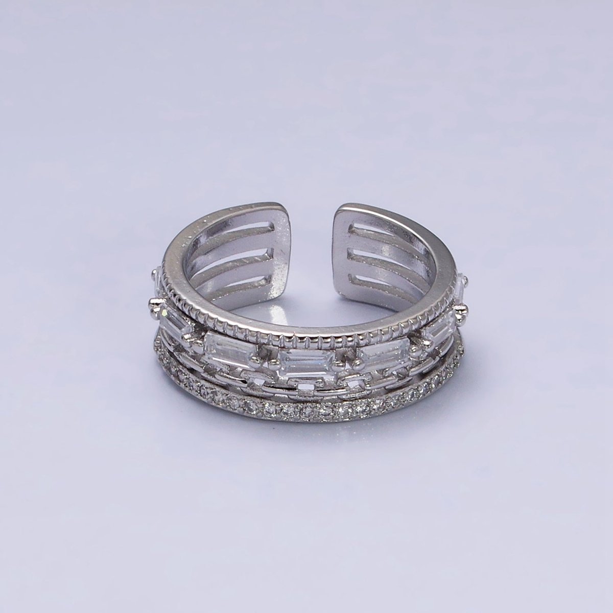 16K Gold Filled Clear CZ Baguette Cable Link Micro Paved Multiple Band Ring in Gold & Silver | O-1595 O-1596