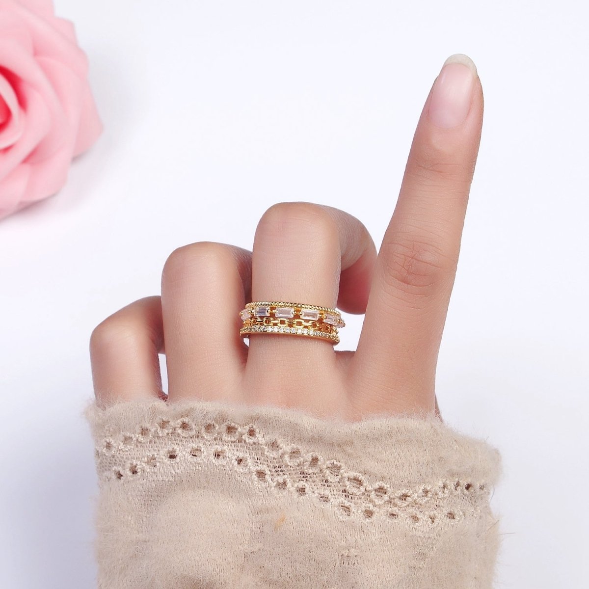 16K Gold Filled Clear CZ Baguette Cable Link Micro Paved Multiple Band Ring in Gold & Silver | O-1595 O-1596