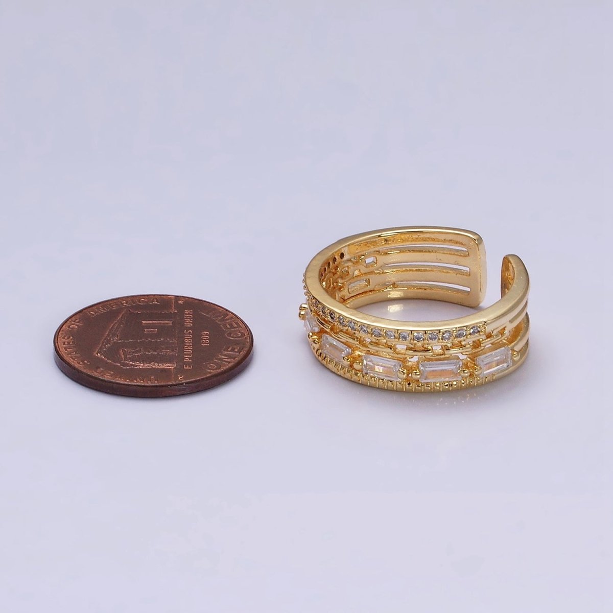 16K Gold Filled Clear CZ Baguette Cable Link Micro Paved Multiple Band Ring in Gold & Silver | O-1595 O-1596