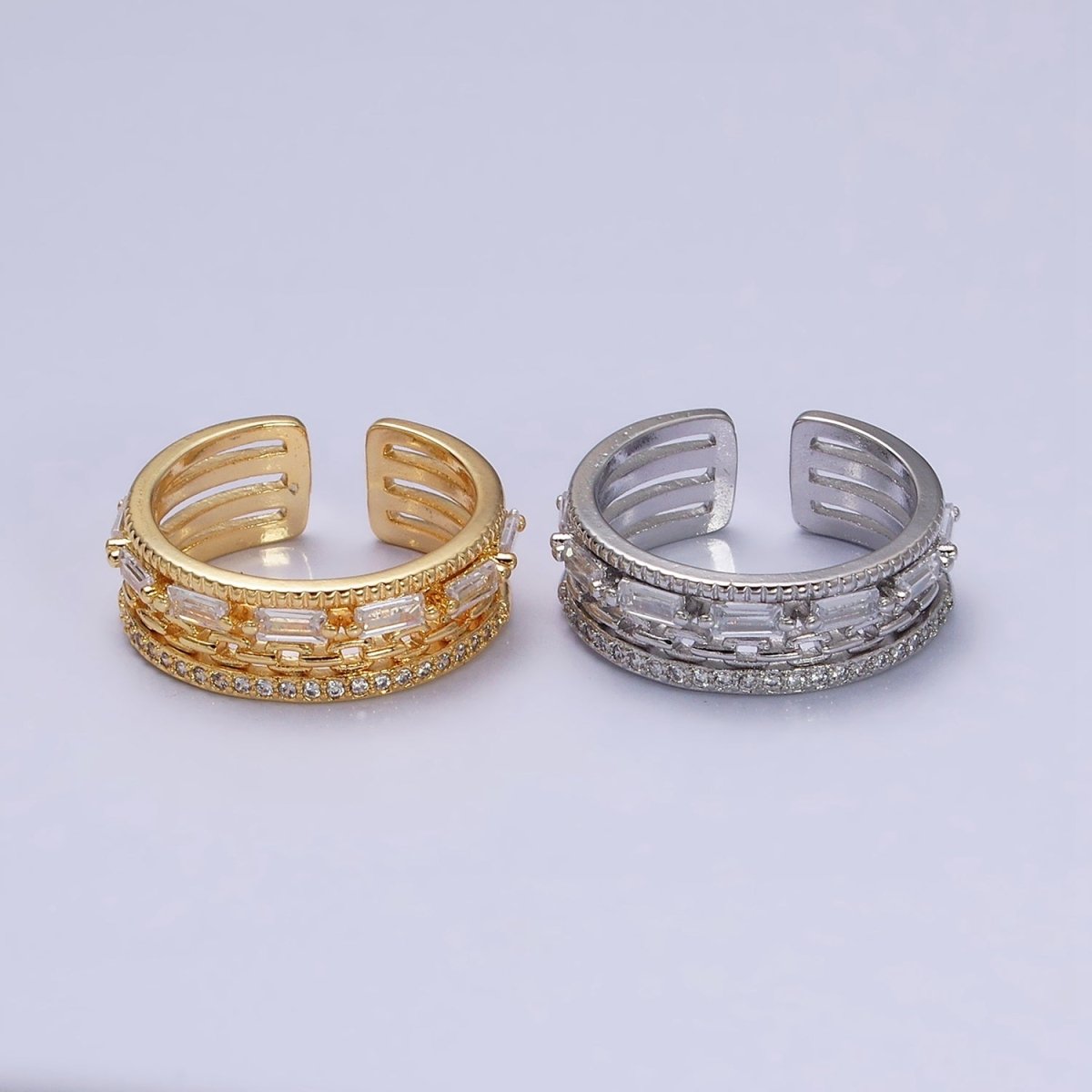 16K Gold Filled Clear CZ Baguette Cable Link Micro Paved Multiple Band Ring in Gold & Silver | O-1595 O-1596