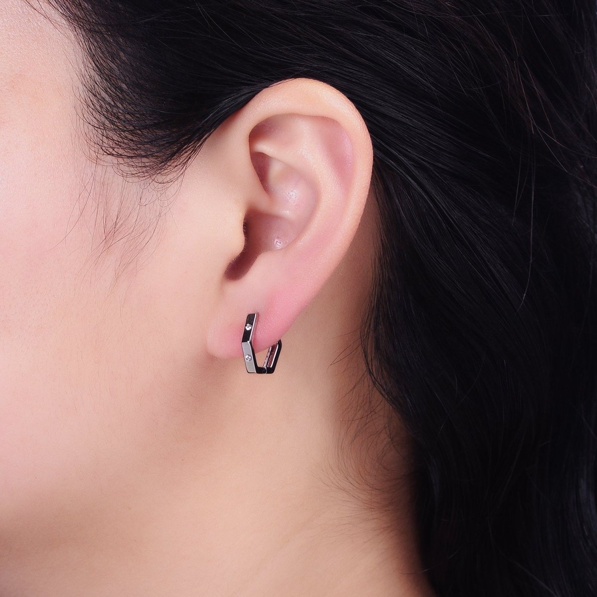 16K Gold Filled Clear CZ Dot Hexagonal Huggie Earrings in Gold & Silver | AB948 AB895