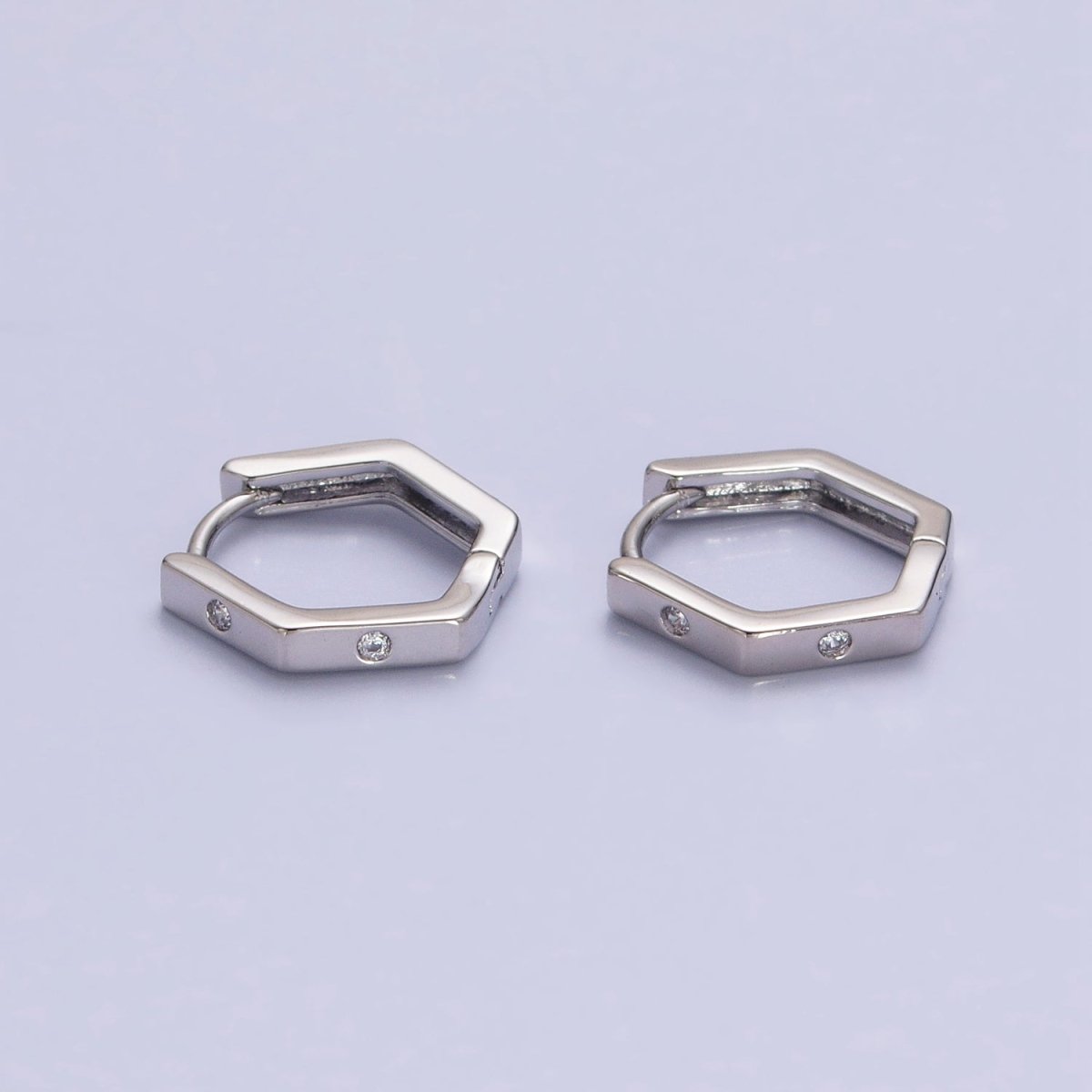 16K Gold Filled Clear CZ Dot Hexagonal Huggie Earrings in Gold & Silver | AB948 AB895