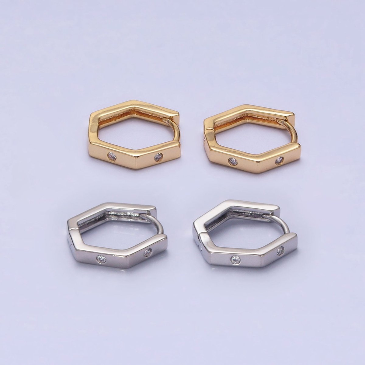 16K Gold Filled Clear CZ Dot Hexagonal Huggie Earrings in Gold & Silver | AB948 AB895