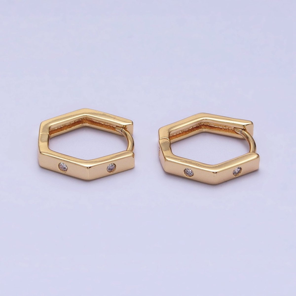16K Gold Filled Clear CZ Dot Hexagonal Huggie Earrings in Gold & Silver | AB948 AB895