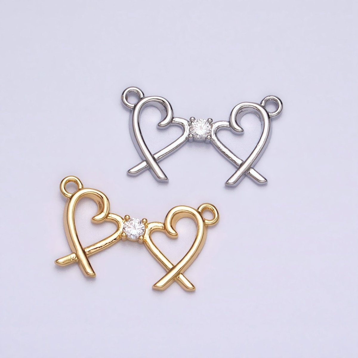 16K Gold Filled Clear CZ Double Heart Connector in Gold & Silver | Y-870