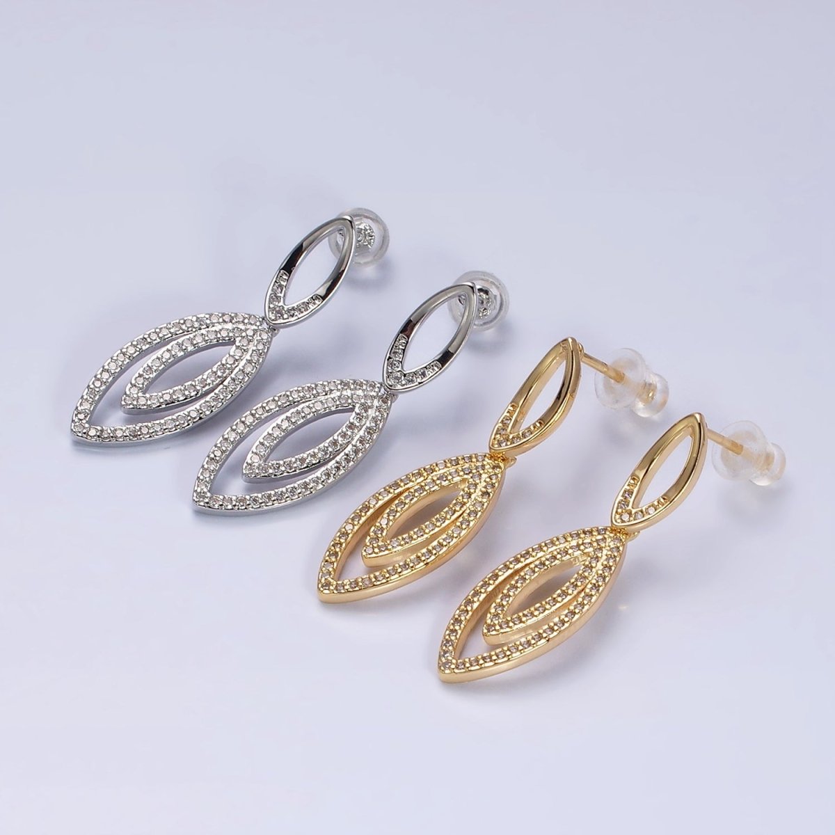 16K Gold Filled Clear CZ Double Sphere Geometric Stud Earrings in Gold & Silver | AD962 AD963