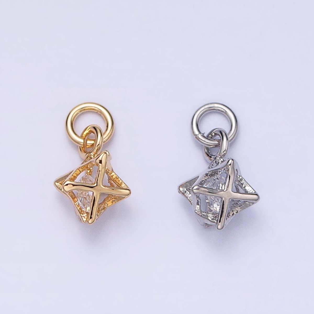 16K Gold Filled Clear CZ Geometric Box Add-On Charm in Gold & Silver | AC1199 AC1200