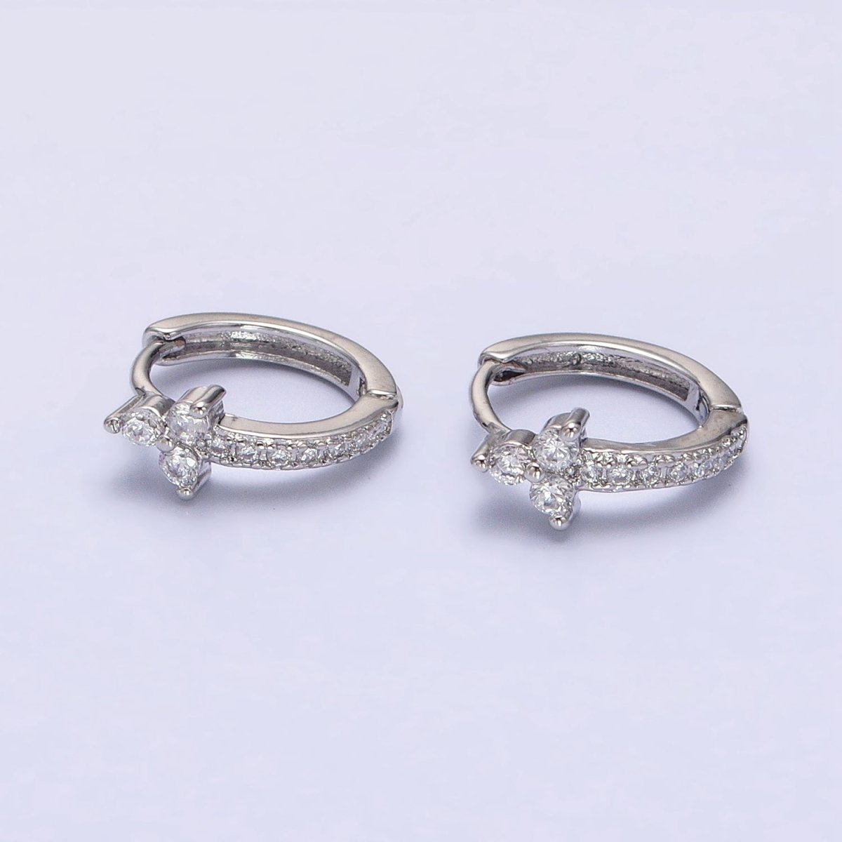 16K Gold Filled Clear CZ Lined Arrow Triple Flower 11mm Cartilage Huggie Earrings in Gold & Silver | AB1493 AB1494