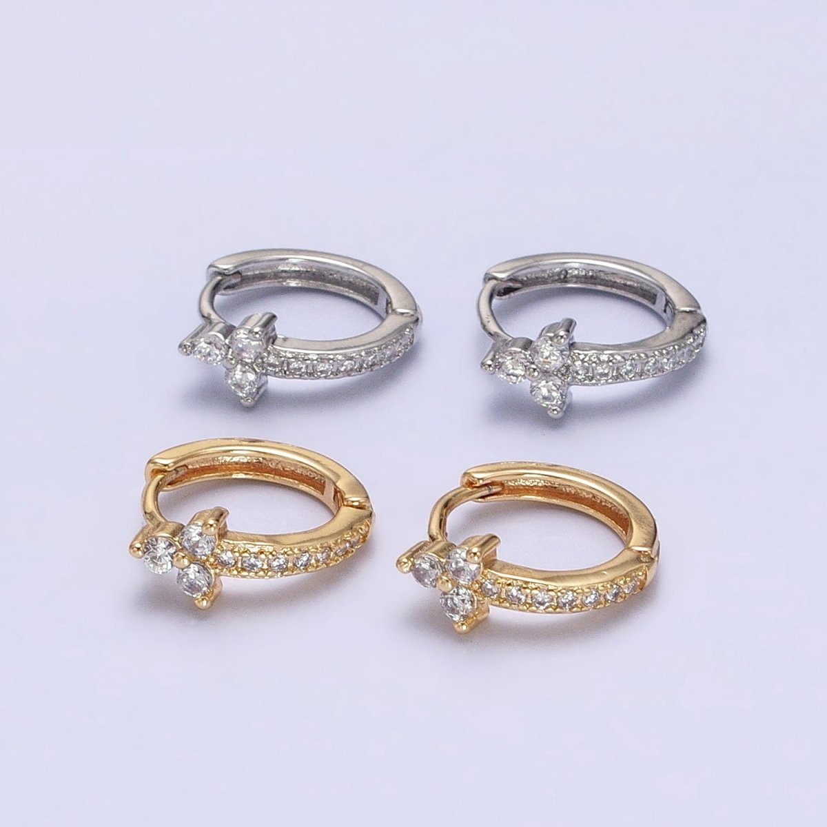 16K Gold Filled Clear CZ Lined Arrow Triple Flower 11mm Cartilage Huggie Earrings in Gold & Silver | AB1493 AB1494