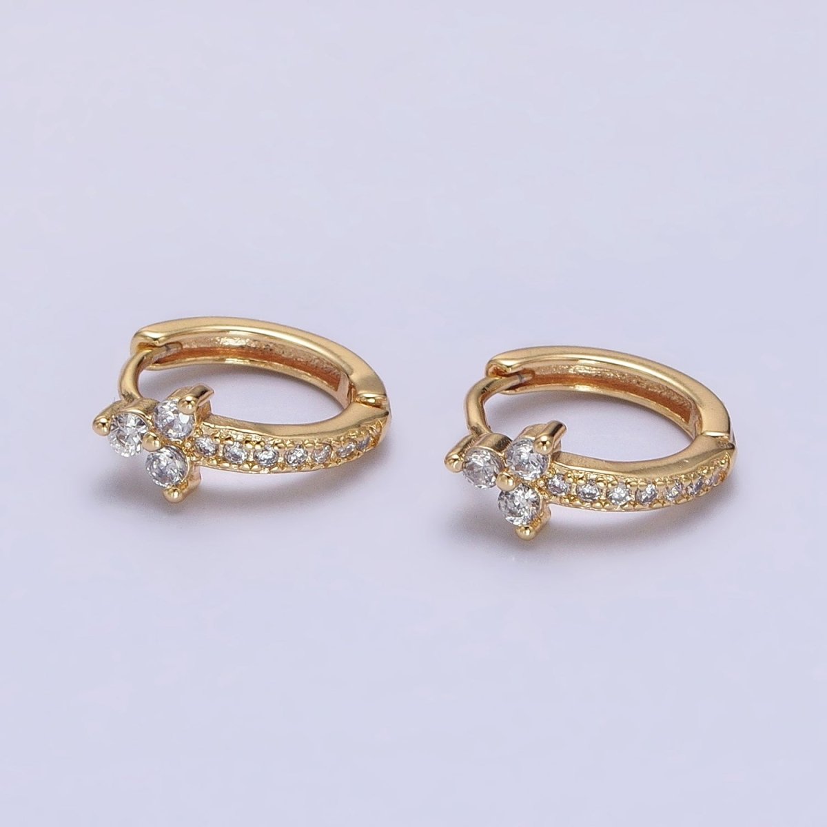 16K Gold Filled Clear CZ Lined Arrow Triple Flower 11mm Cartilage Huggie Earrings in Gold & Silver | AB1493 AB1494