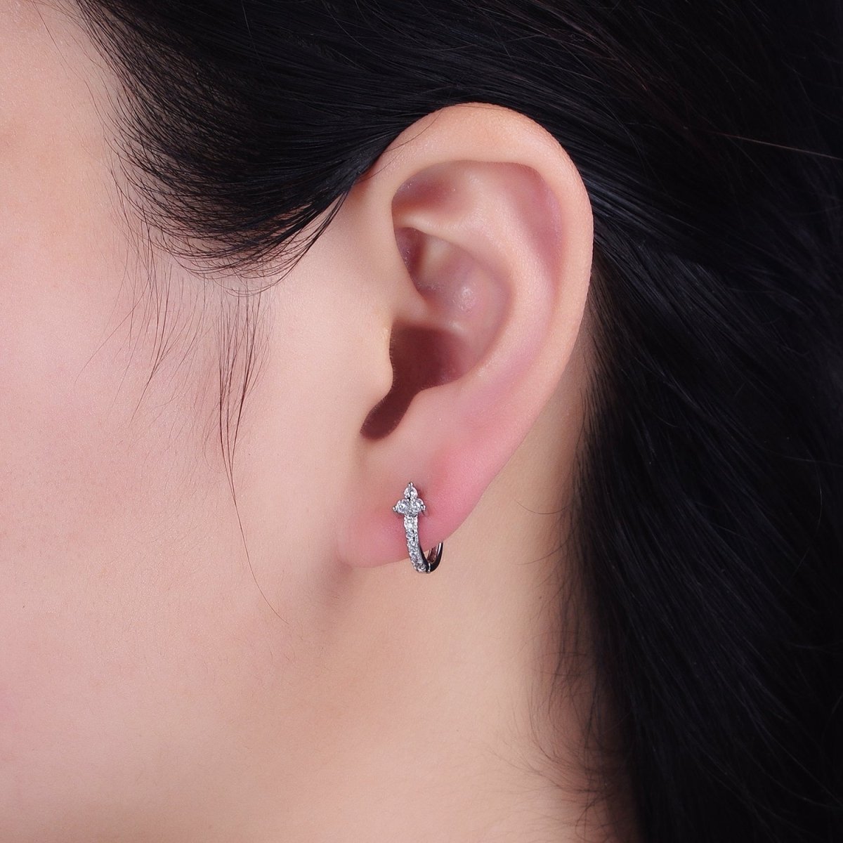 16K Gold Filled Clear CZ Lined Arrow Triple Flower 11mm Cartilage Huggie Earrings in Gold & Silver | AB1493 AB1494