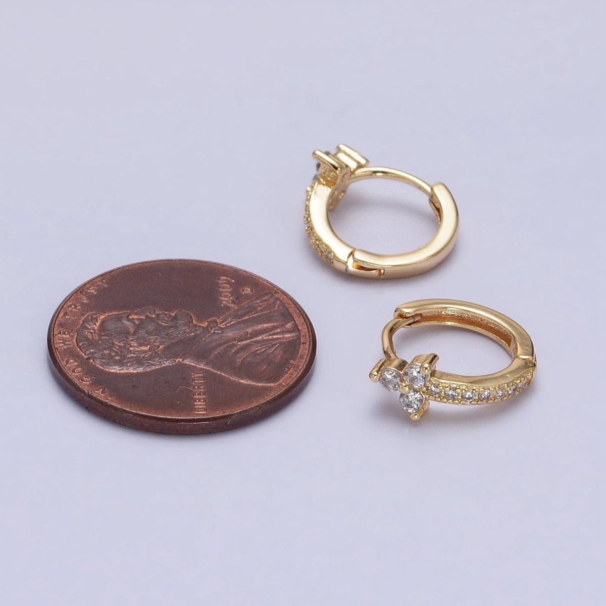 16K Gold Filled Clear CZ Lined Arrow Triple Flower 11mm Cartilage Huggie Earrings in Gold & Silver | AB1493 AB1494